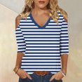 thumbnail image 2 of ShomPort Striped T-Shirts for Women Summer 3/4 Sleeve Off Shoulder Tunic Tops Round Neck Casual Tees, 2 of 2