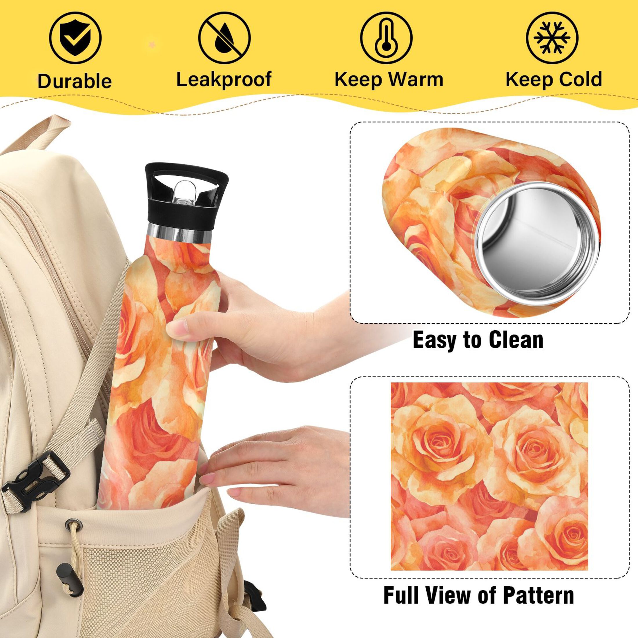 600ML Stainless Steel Insulated Cup Sports Water Bottle Portable Thermos Cup Water Glasses Insulated Tumblers Convenient and Durable Cartoon Orange Roses