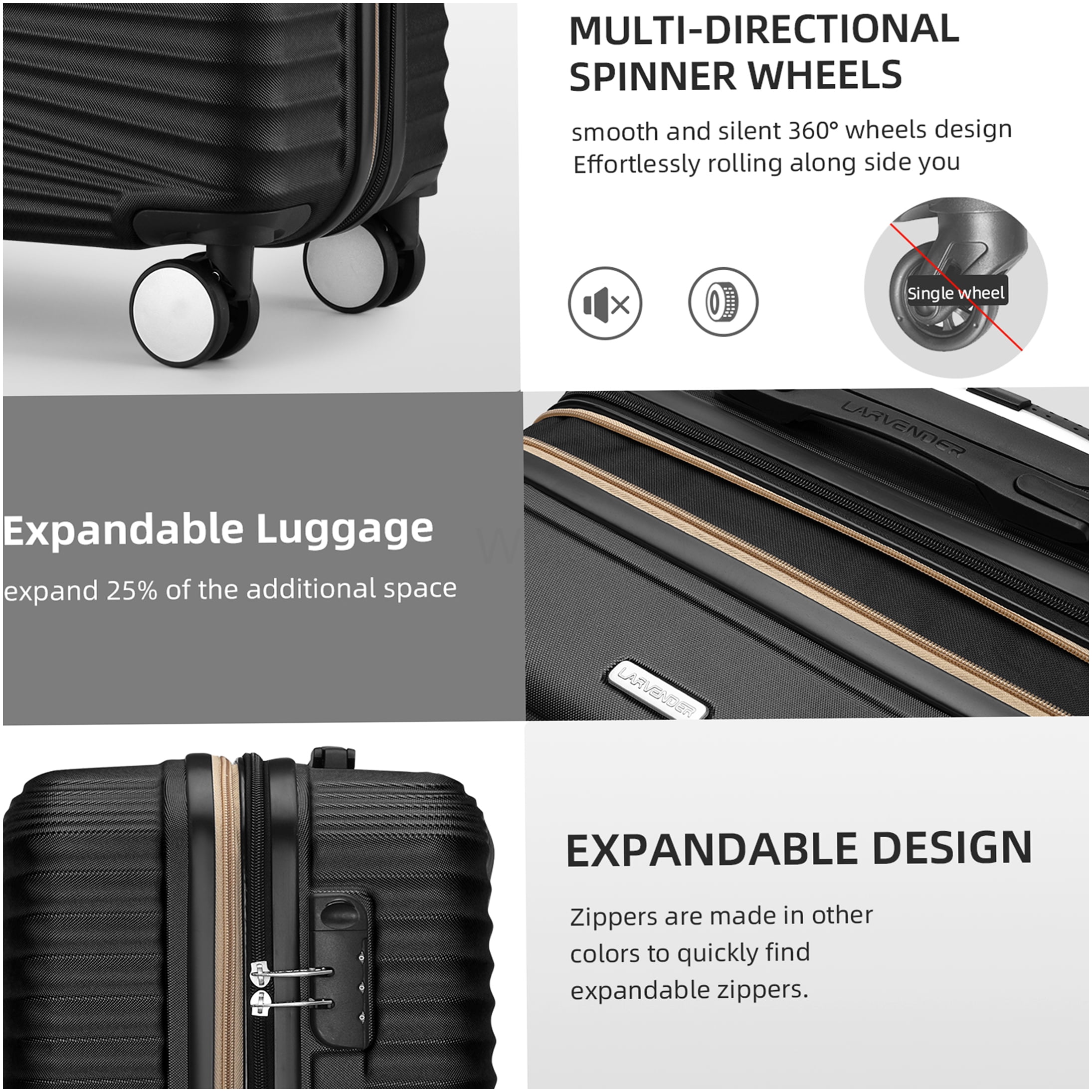 COSMOS 20 Inch Expandable Hardside Spinner Luggage, TSA Lock Lightweight Checked Suitcase in Black