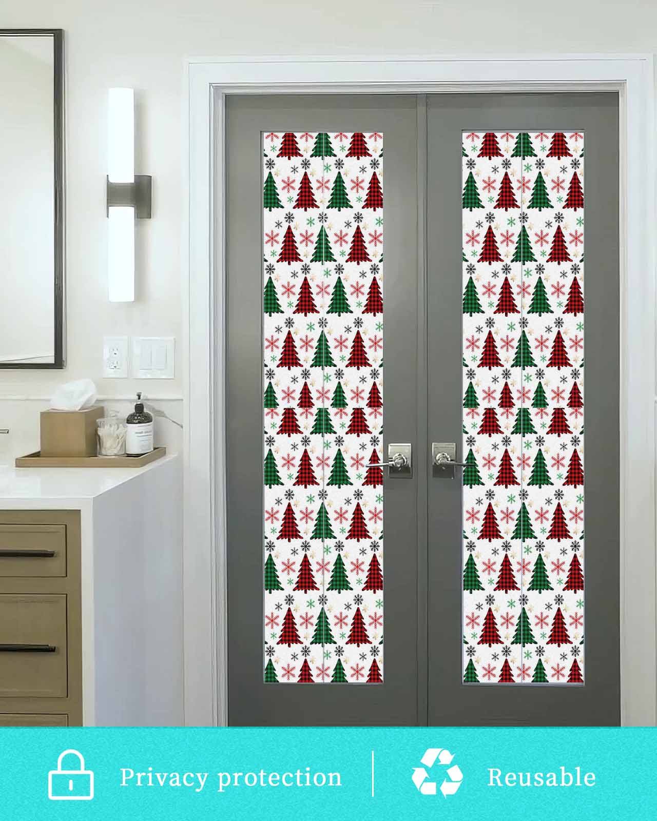 Christmas Window Privacy Film Stained Glass Window Film Decorative Windows Cover Static Windows Cling for Glass Winter Red Green Xmas Buffalo Plaid Tree Snowflake Stickers for Bathroom 29.5"x118"