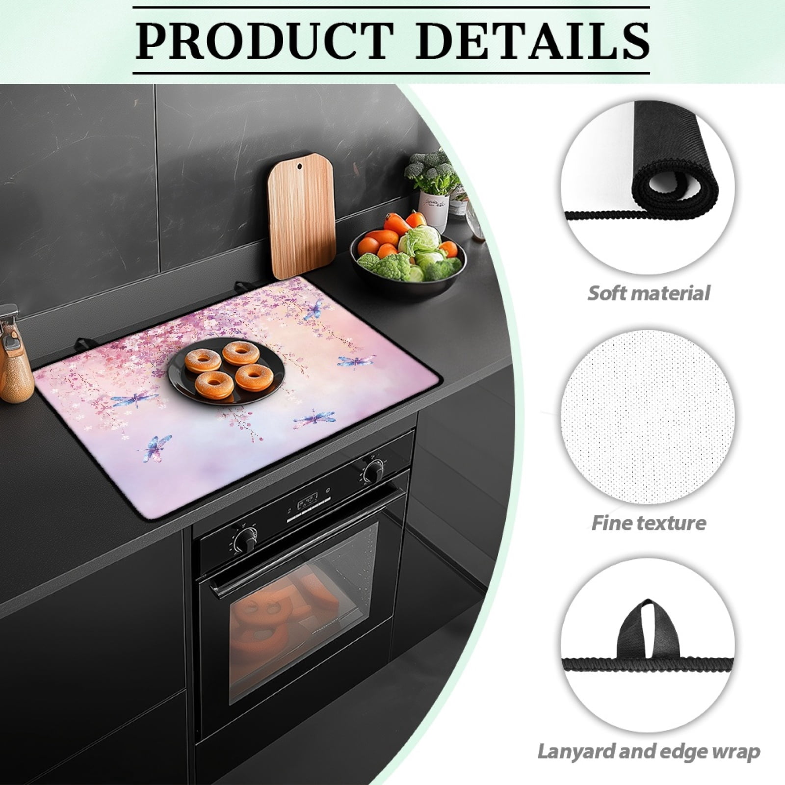 ZIATUBLE Glass Ceramic Top Stove Cover Multipurpose Induction Cooktop Protector Mat with Non-Slip Rubber Backing Kitchen Accessories, 29 x 21 Inch, Flower Dragonfly