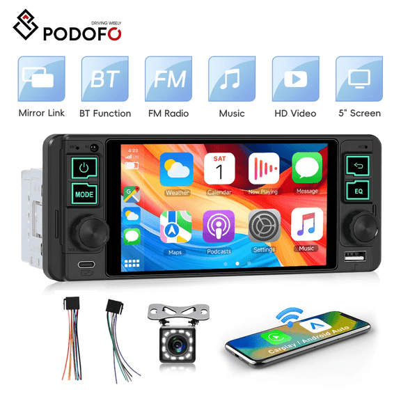 Podofo Single Din Car 5.1 in Touch Screen Car Stereo Radio with wireless Carplay&Android Auto/Bluetooth/Mic/Backup Camera