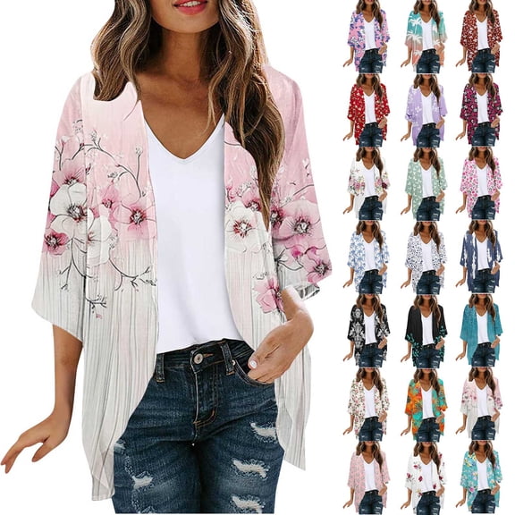WWC Womens Summer Cardigan, 3/4 Sleeve Printed Loose Cardigan Tops, Lightweight Casual Tops S-XXL