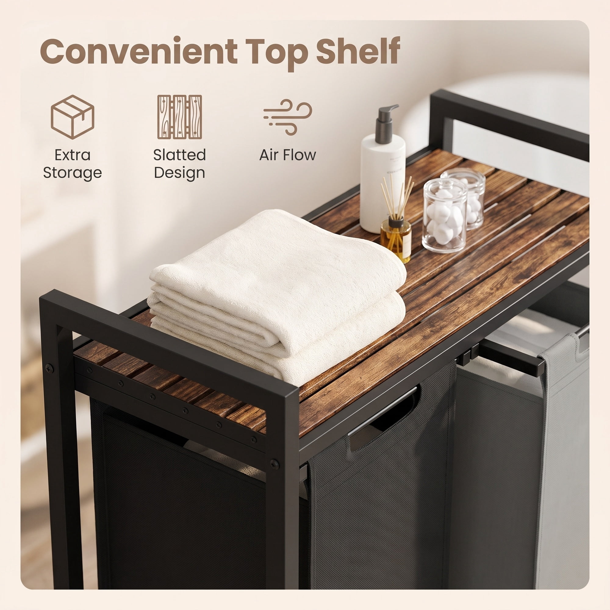 Ledrem 2-Compartment Laundry Hamper with Removable Bags & Storage Shelf, Rustic Brown/Charcoal Grey