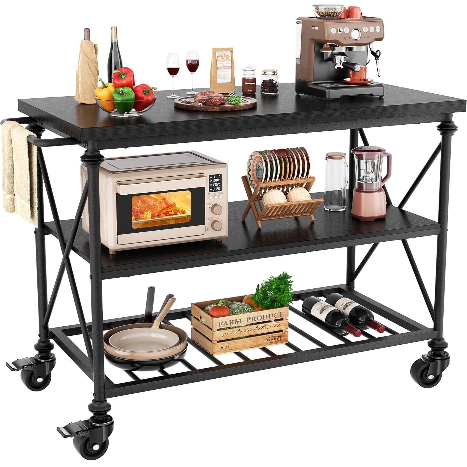 Homieasy Industrial Mobile Kitchen Island Cart with Wheels: 3-Tier Storage, Lockable Casters for Kitchen, Dining & Small Spaces,Black