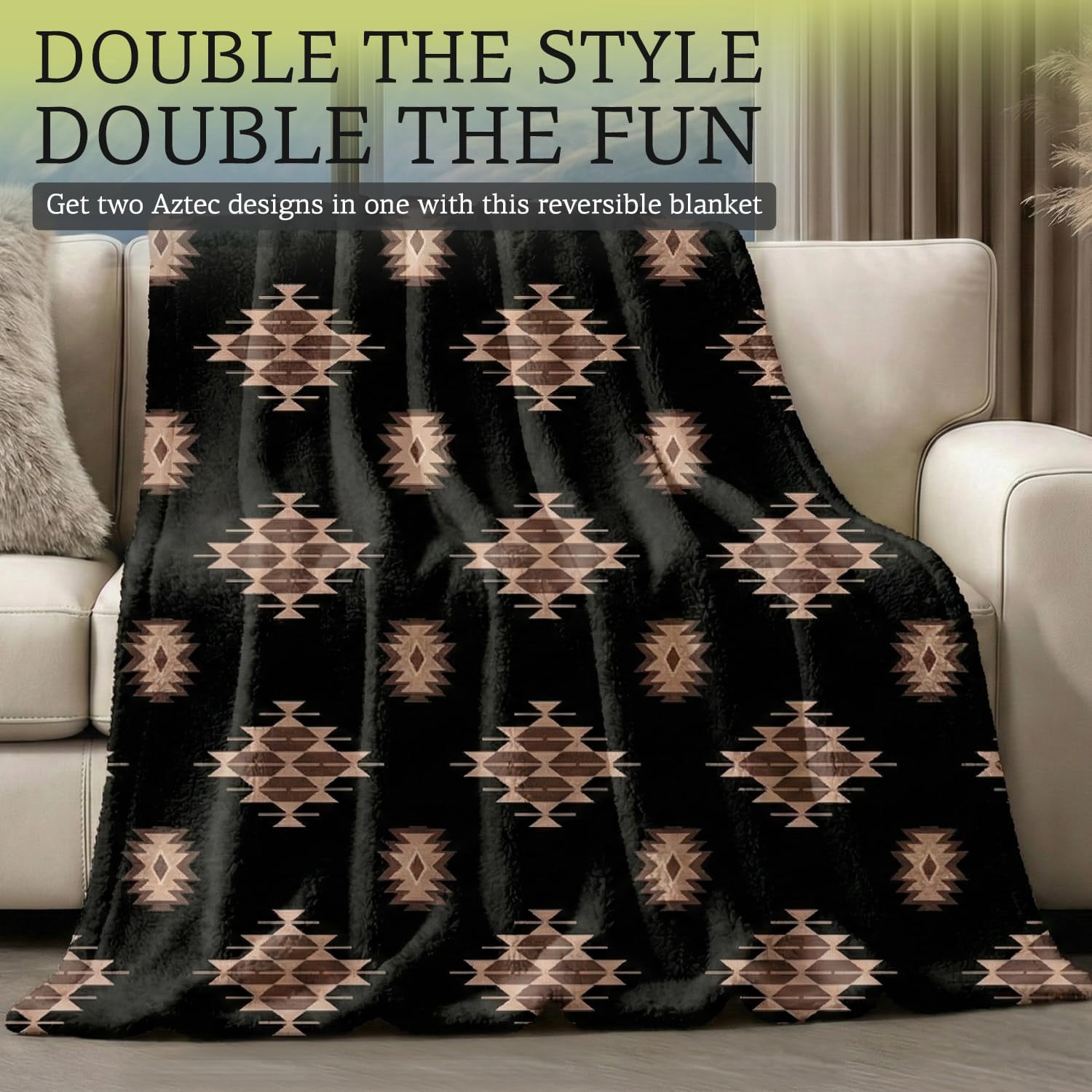 Sacred Thread Fleece Blanket South Western, Reversible Mexican, Vibrant Aztec Blankets and Throws for Aztec Decor for Home (Coffee Flannel / Flannel) (Full (60''x80'')