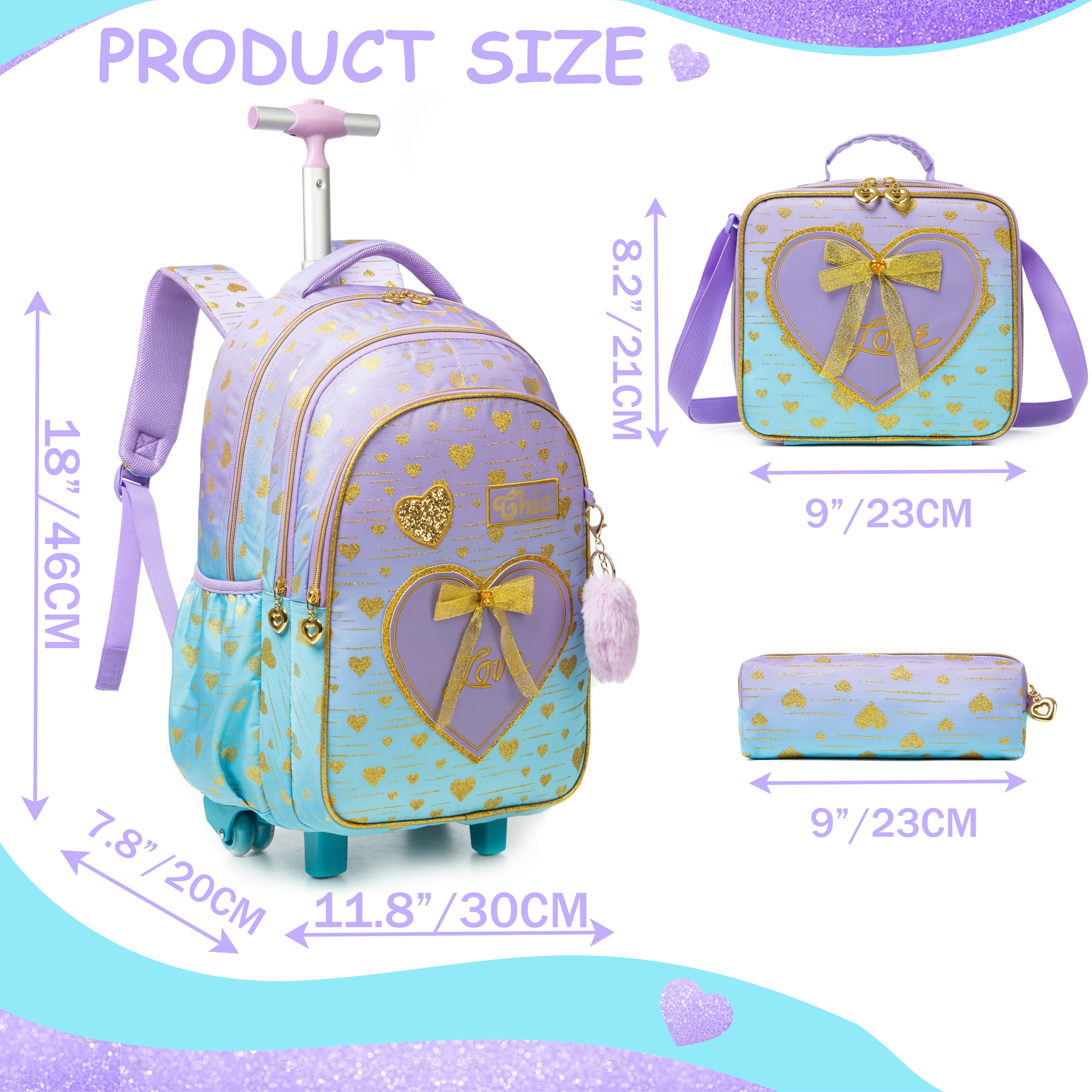 Kids Rolling School Backpack with Wheels Roller Backpacks for Girls Carry on with Lunch Box Pencil Case for Age 8-10 Purple