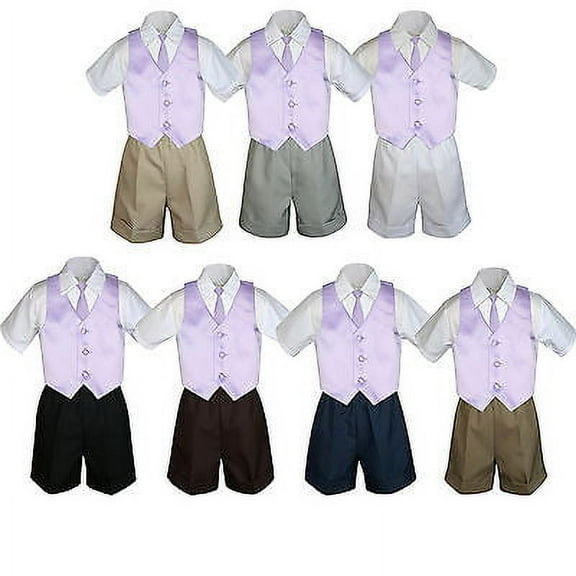 4pc Set Boy Toddler Formal Lilac Vest and Necktie Black Navy Khaki Shorts S-4T