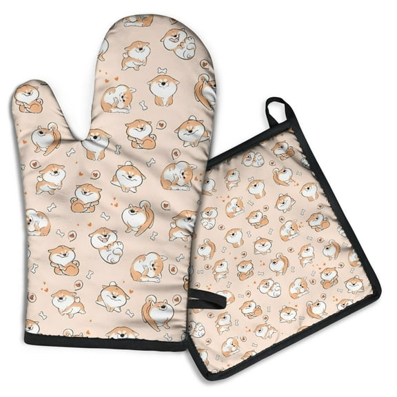 Shibainu and Love Kitchen Oven Mitt and Pot Holder Sets 2 Pcs for Baking, Cooking and Grilling, Heat Resistant Up To 392 °F