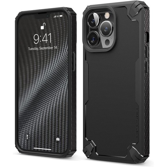 elago Armor Compatible with iPhone 13 Pro Case 6.1 Inch - Heavy-Duty Protective Case, Carbon Fiber Texture, Tough Rugged Design, Shockproof Bumper Cover, Full Body Protection, Premium TPU (Black)