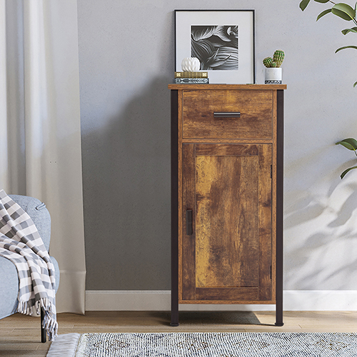 usikey Small Storage Cabinet, Narrow Floor Storage Cabinet with 1 Door and  1 Drawer, Industrial Side Cabinet with 2 Shelves, Nightstand, Small