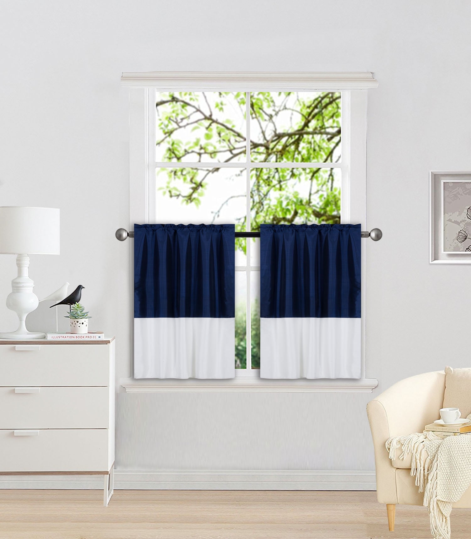 1 SET ANY CURTAIN SEMI SHEER ROD POCKET PANEL 2 TONE SOLID COLORS NAVY / IVORY CAN SEE THRU TREATMENT WINDOW KITCHEN, BATHROOM SIZE 30" WIDE X 36" LENGTH