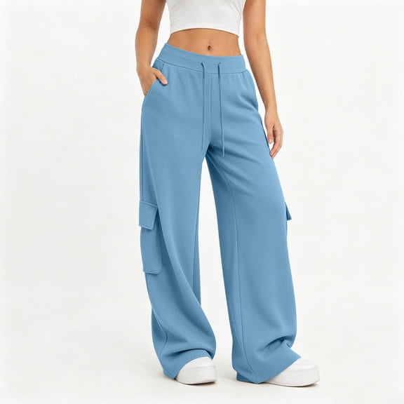 ABSUYY Womens Wide Leg Cargo Pants - Loose Fit High Waisted Sweatpants with Drawstring, Light Sky Blue,Size 2XL