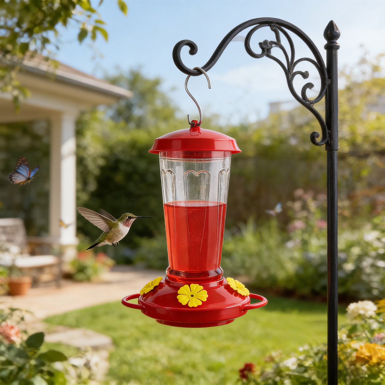 AURIGATE 2 Pcs Plastic Hummingbird Feeders, Hanging Outdoor Wild Bird Feeder with 4 Flower Shaped Ports, Red