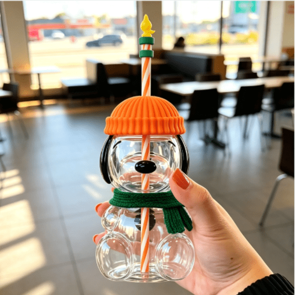 20oz Dog Glass Cup, Cute Dog Shaped Glass Cup with Straw, Decorative Glass Tumbler with Knit Style Lid, Large Capacity Clear Drinking Cup for Cold Beverages
