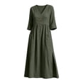 thumbnail image 4 of CHGBMOK Cotton Linen Dresses for Women Fall 3/4 Sleeve V Neck Fitted Waist Dress Side Slit Midi Dress with Pockets, 4 of 6