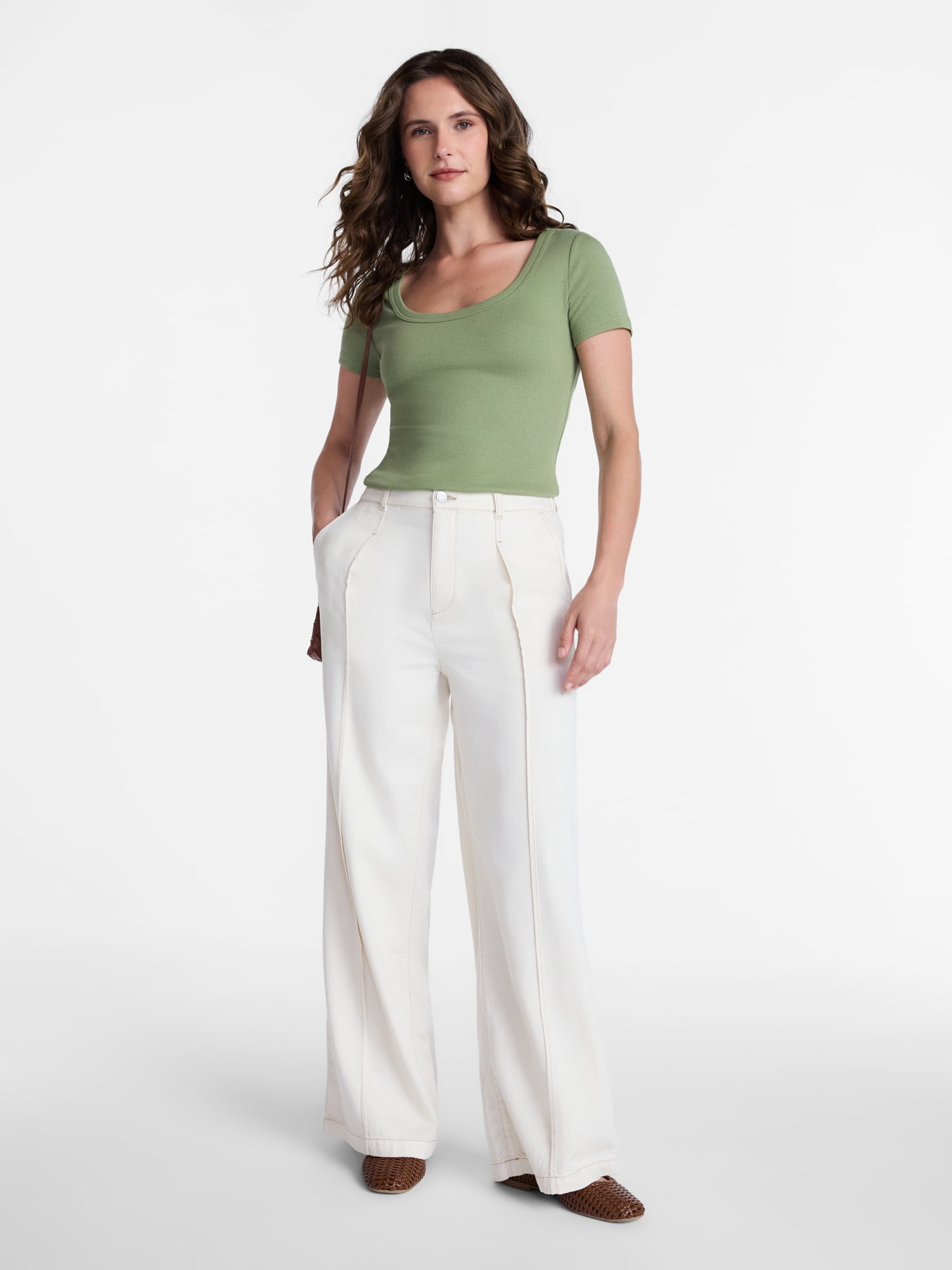 Time and Tru Women's High Rise Drapey Pleated Wide Leg Jeans, 30" Inseam, Sizes XS-XXXL