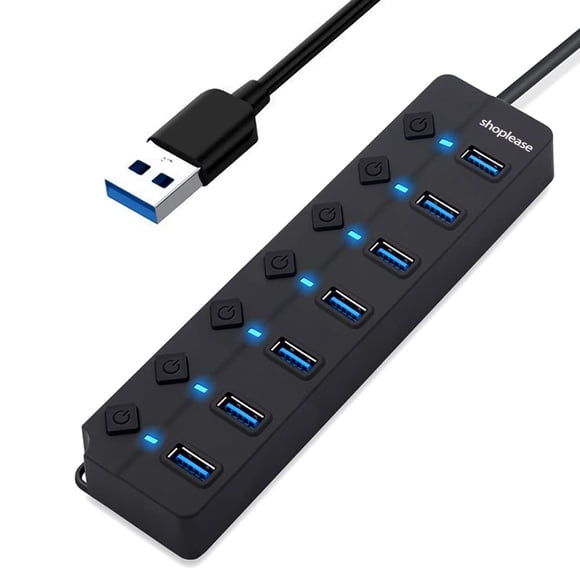 Hub USB 3.0 de 7 puertos con interruptores de alimentación individuales y luces LED Divisor de concentrador de datos de alta velocidad Hub de extensión USB portátil para PC, portátil y más (sin adapta