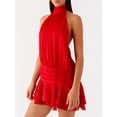 thumbnail image 4 of Women Ruffle Halter Neck Mini Dress Mock Neck Open Back Tiered Dress Y2K Mesh Layered Dresses Red S, 4 of 8