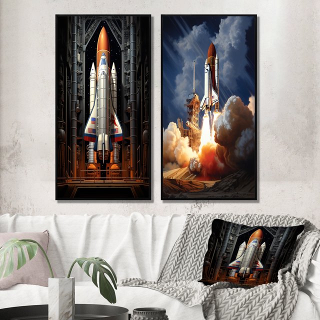Designart "Reverent Rocketship I" Rocketship Framed Wall Art Set Of 2 - Coral Transportation Framed Canvas Set For Living Room Decor