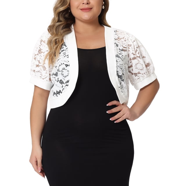 Cárdigans cortos de talla grande para mujer Agnes Orinda, con frente abierto, mangas cortas, encaje floral y boleros transparentes 4X blanco