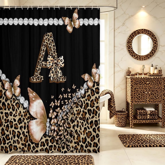 Manfei Leopard Print Monogrammed A Shower Curtain 72Wx72L,Dreamy Butterfly Bathroom Curtain,Black Brown