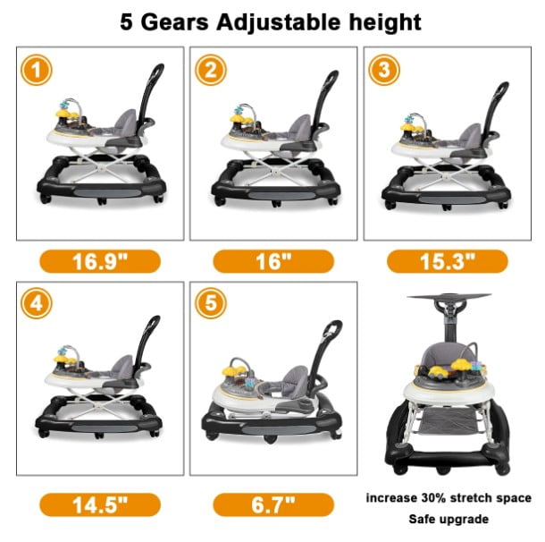 LHUAI Baby Walker With Bouncer, Removable Footrest, Feeding Tray & Music, Foldable & Adjustable Activity Walker For Boys And Girls, Toddler Infant, Black