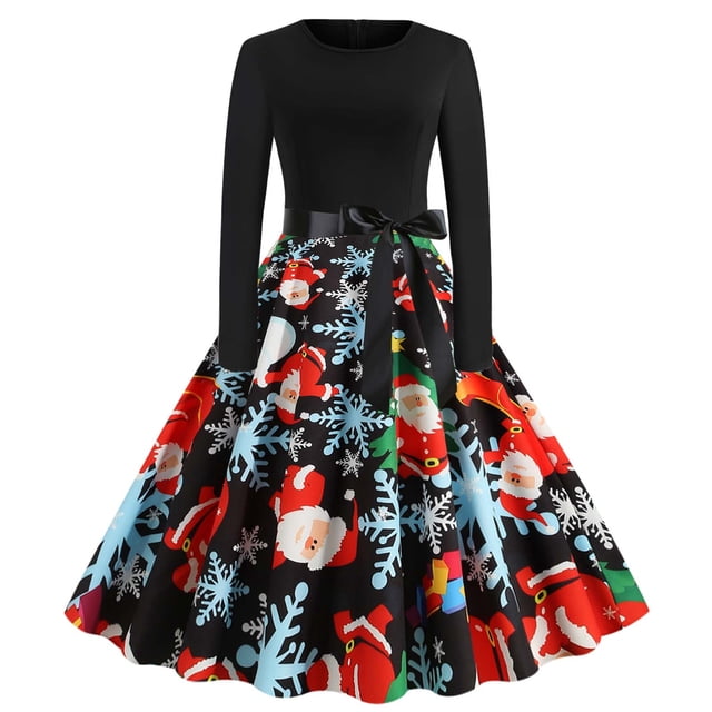 Fridja Robe Vintage Évasée à Nœud Papillon pour Femmes Mode Manches Longues Imprimé Noël Fête
