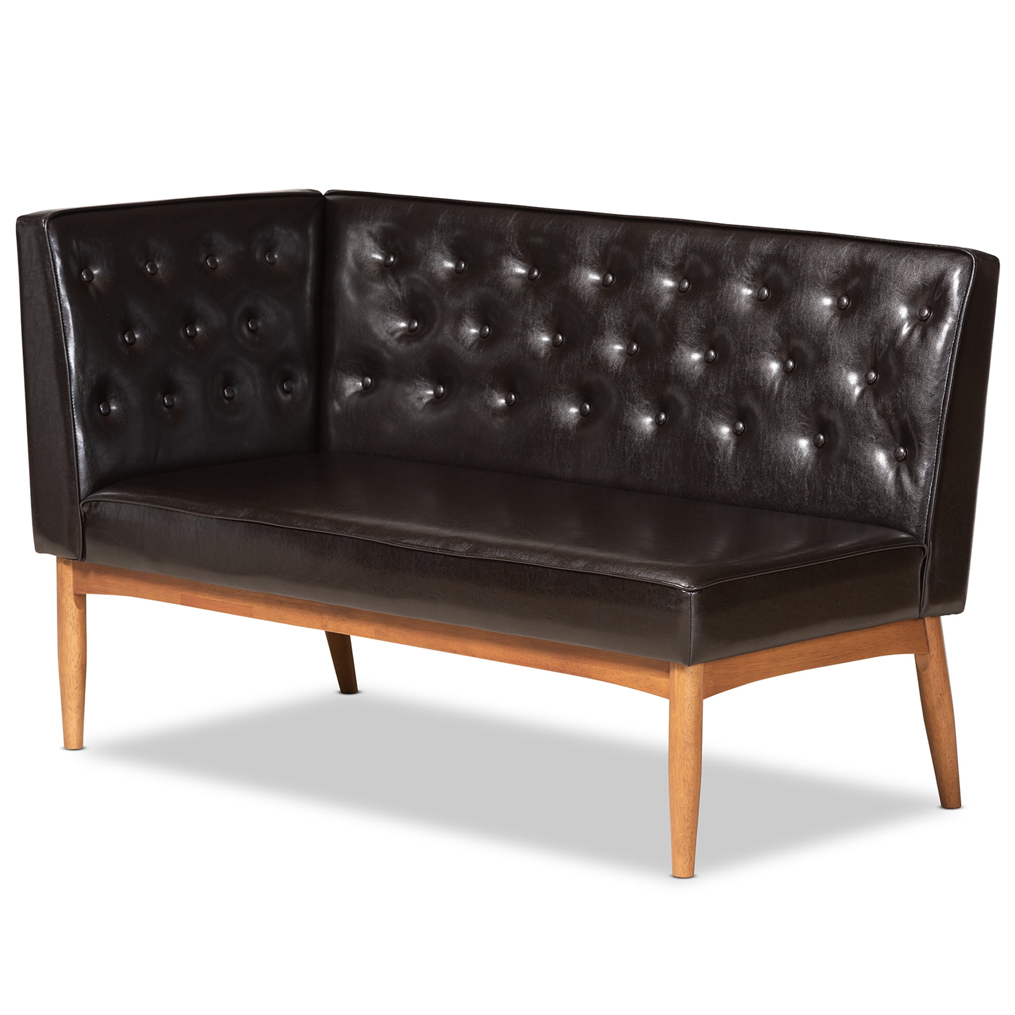 Baxton Studio Riordan Mid-Century Modern Dark Brown Faux Leather Upholstered and Walnut Brown Finished Wood 2-Piece Dining Nook Banquette Set
