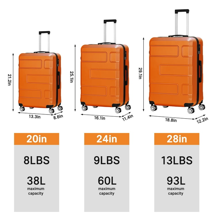 Hikolayae TSA Lock 3 Piece Luggage Sets Hardside Spinner in Orange