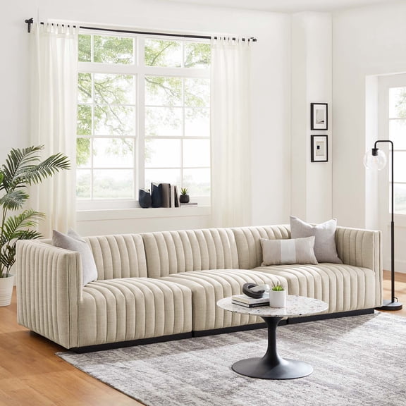 Modway Conjure Channel Tufted Upholstered Fabric Sofa in Black Beige