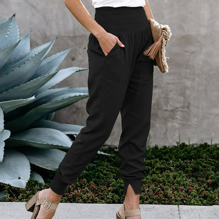 HDE Yoga Dress Pants for Women Straight Leg Pull On Pants with 8 Pockets  Black - L Short