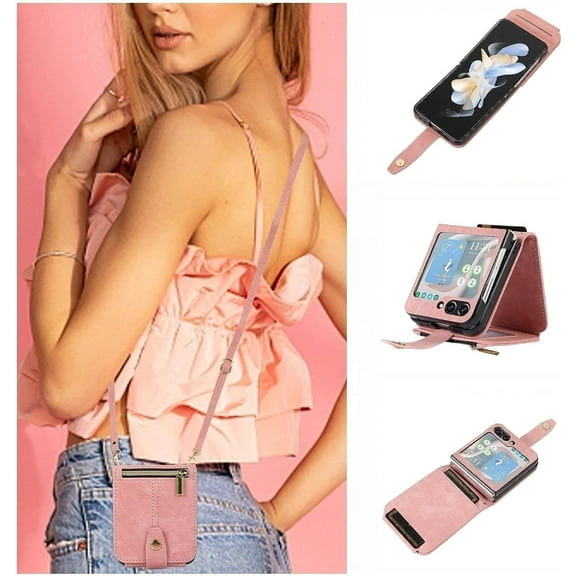 Crossbody Wallet Case for Samsung Galaxy Z Flip 5 5G, Card Slots Adjustable Crossbody Zipper Cover Detachable Lanyard Strap Flip Case with Hand Strap Kickstand Case - Pink