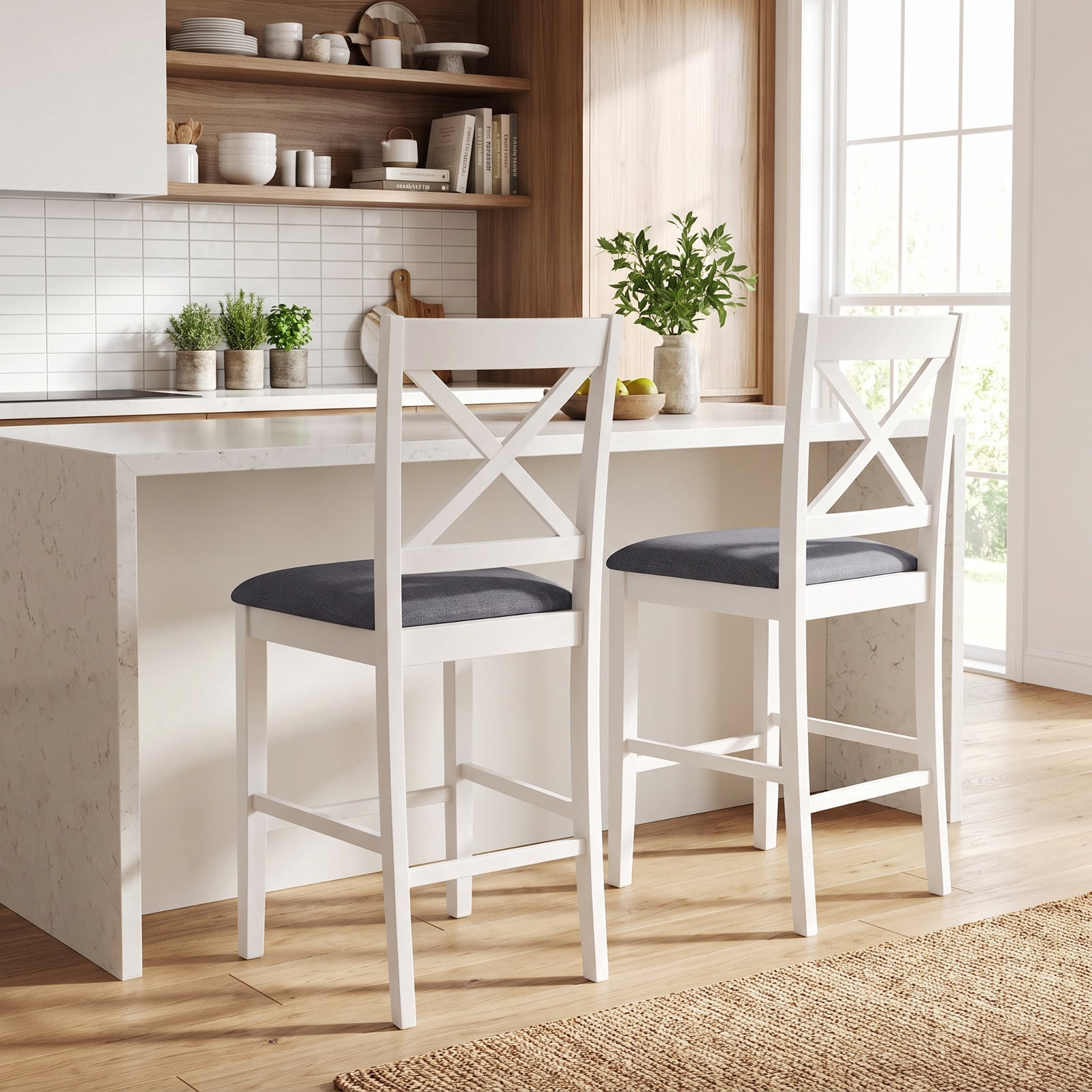 Furnibear Set of 2 X-Back Bar Stools with Upholstered Cushioned Seats for Kitchen Island Counter Bar Pub Dining Home, White
