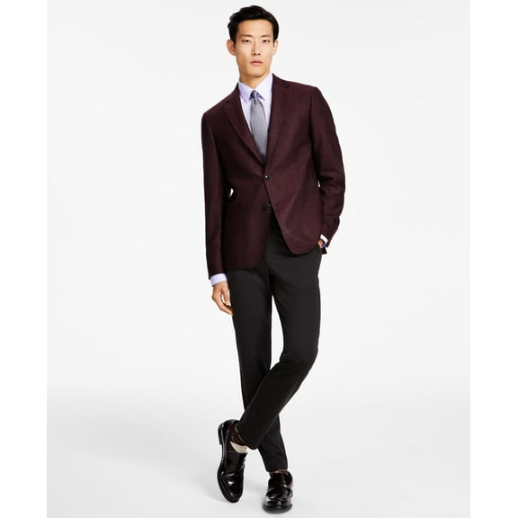 Calvin Klein Men’s Slim-Fit Wool Woven Herringbone Sport Coat, Burgundy, 38R