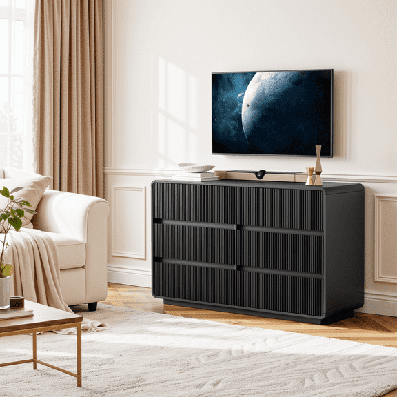 MARNUR TV Stand for TVs up to 65", Entertainment Center with 7 Storage Drawers, Modern Wave Fluted Design Media Console Table with Cabinet Storage for Living Room Bedroom, Black, 47.7"