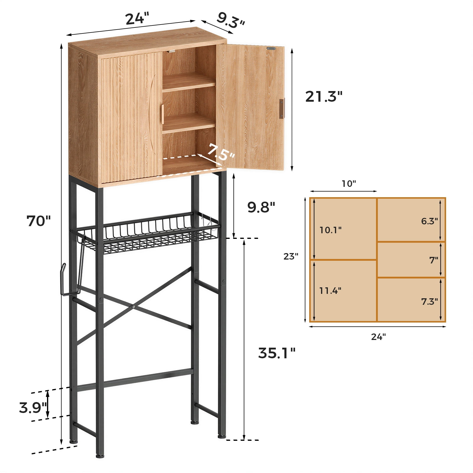 Biemlerfn Over the Toilet Storage Cabinet, Bathroom Storage Organizer with Adjustable Shelf, Toilet Paper Holder & Hooks, Freestanding Space Saver, Natural