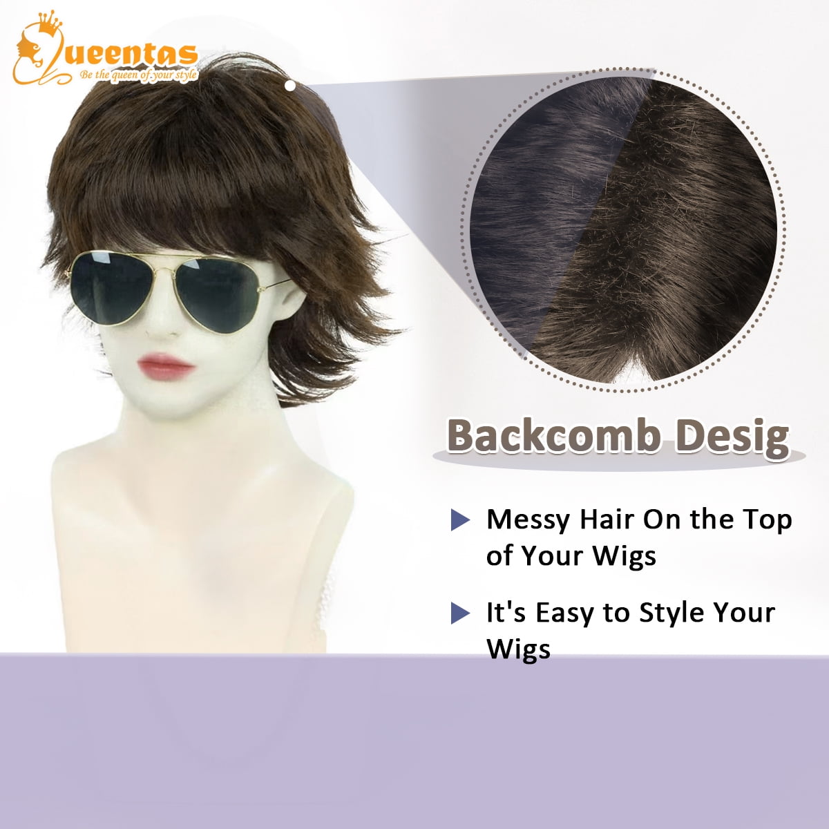 QUEENTAS Short Brown Wigs for  Women Synthetic Mullet Wig Brown Wig with Bangs Glueless Short Wigs Dark Brown Wig