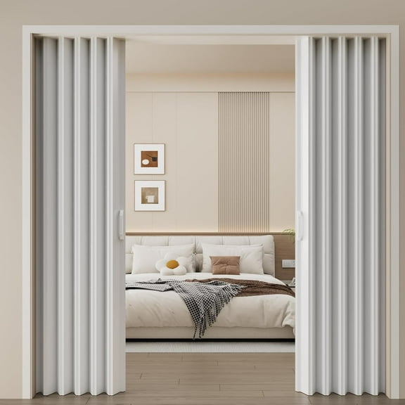 59“ X 78” White PVC Accordion Door, Folding Accordion Doors, Bifold Portable Interior Folding Door with Mounting Hardware, Handle, for Closet Bathroom Doorways.