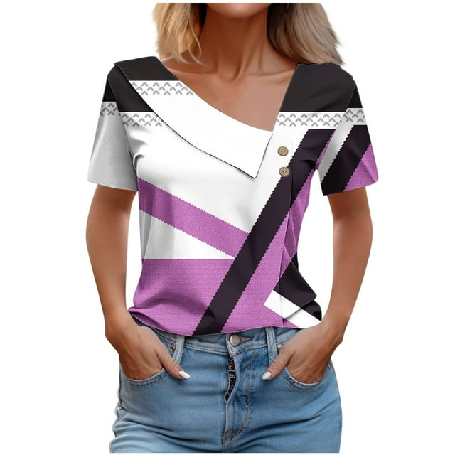 Tops de Algodón para Mujeres Cuello en V Casual de Manga Corta, Imitación Algodón Primavera Y Blusa de Verano