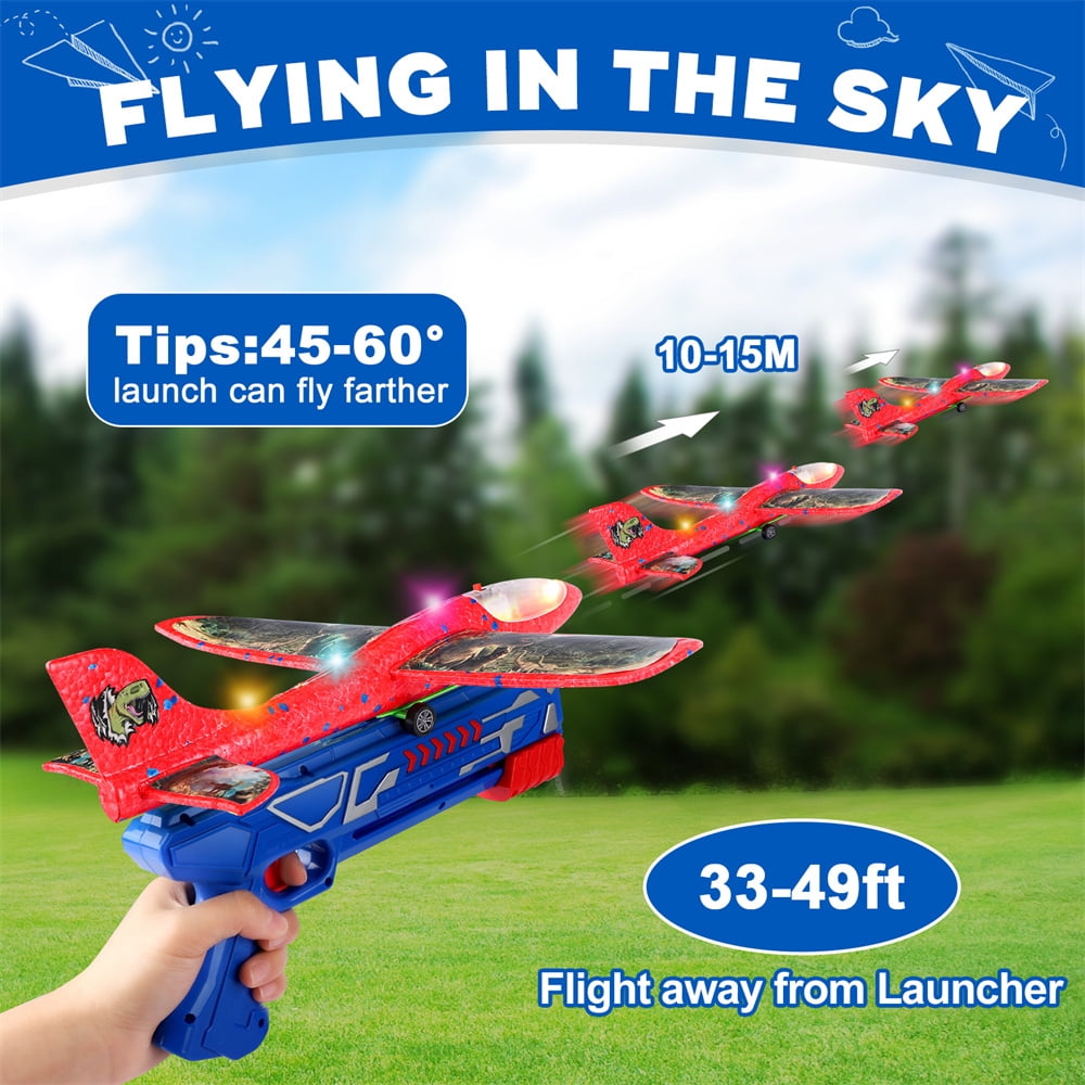 Allaugh 3 Pack Airplane Launcher Toy, 12.6" Foam Glider Led Plane, 2 Flight Mode Catapult Plane Boy Toys with 3 DIY Stickers, Outd