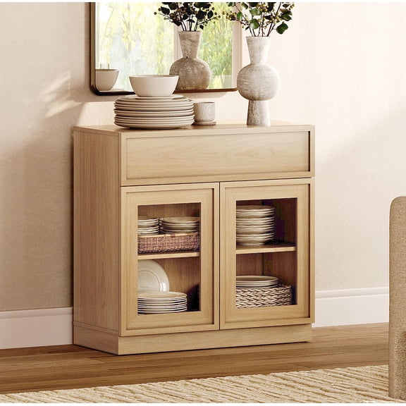 31.5" Modern Sideboard Buffet Cabinet with 2 Glass Doors and Drawer, Multifunctional Sideboard with Large Storage and Adjustable Shelf, Oak