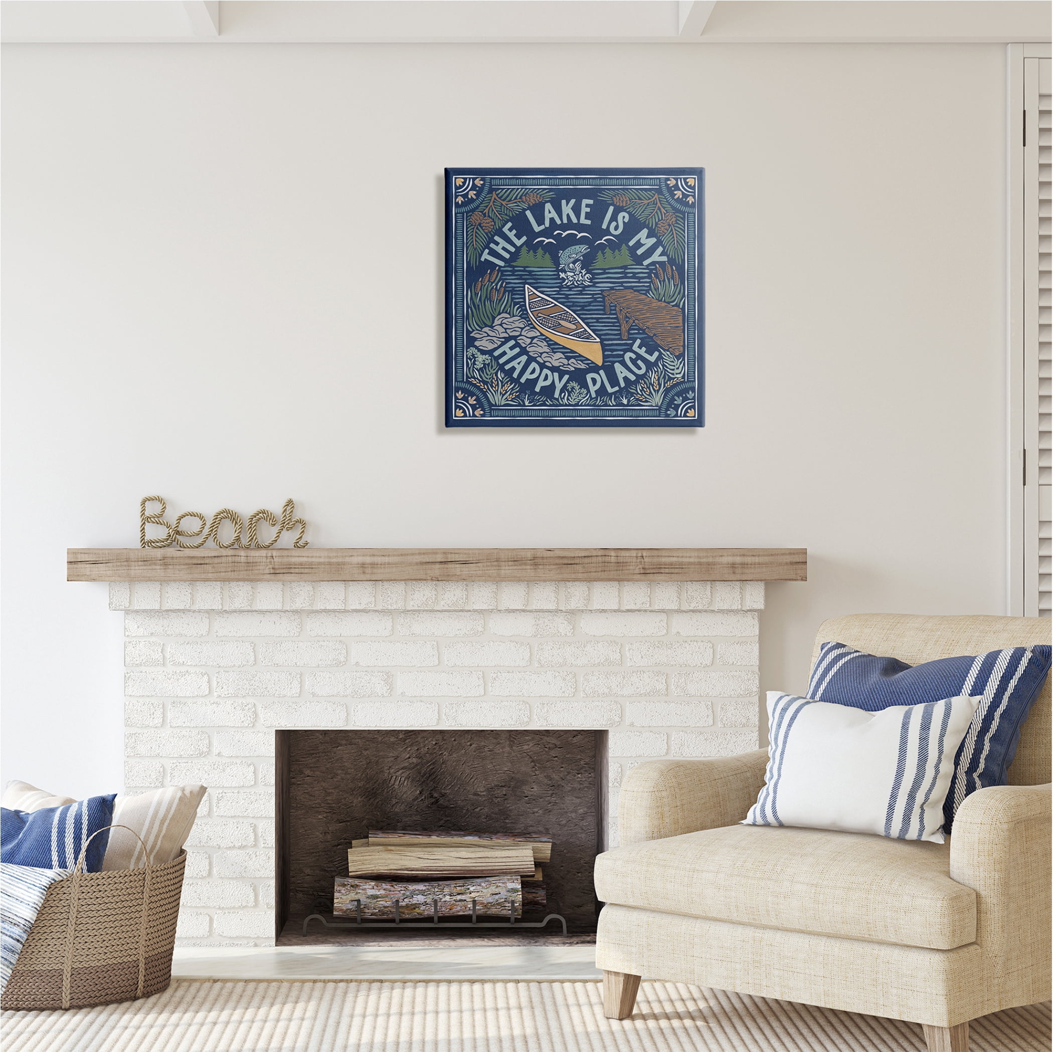 Stupell Industries Lake Happy Place Phrase Nature Painting Gallery Wrapped Canvas Print Wall Art, 24 x 24