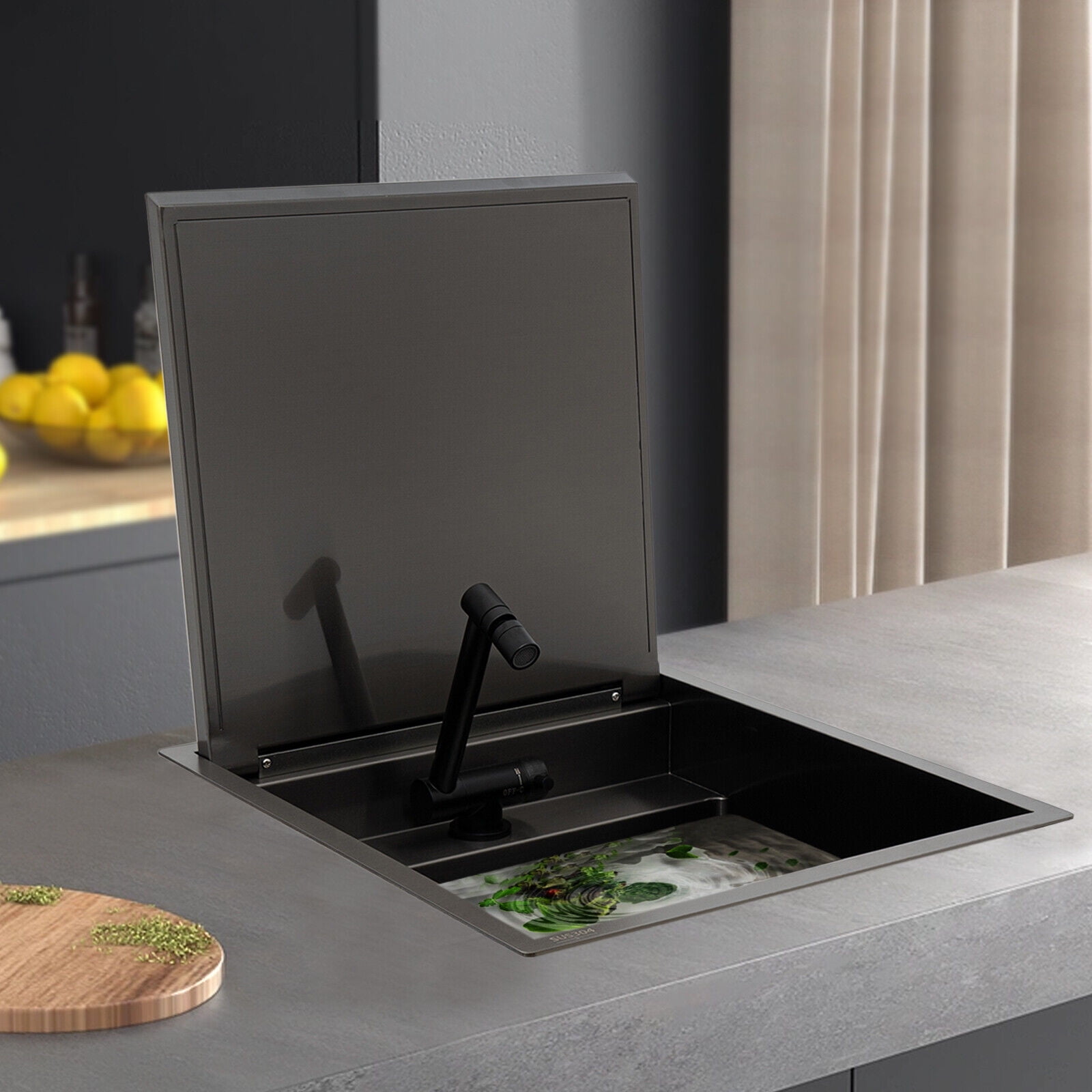 Hidden Kitchen Sink Single Bowl Sink with Foldable Faucet Stainless Steel Utility Sink