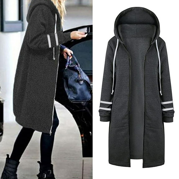 YODETEY Women Zipper Printing Open Hooded Fleece Sweatshirt Long Coat Jacket Tops Outwear Gray 6(M)