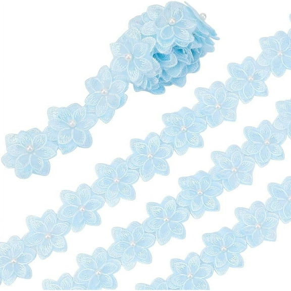 1 3/4 Inch Blue Embroidered Flower Trim 3D Floral Edge Lace Ribbon Pearl Bead Embroidery Fabric Applique Trimming Bulk