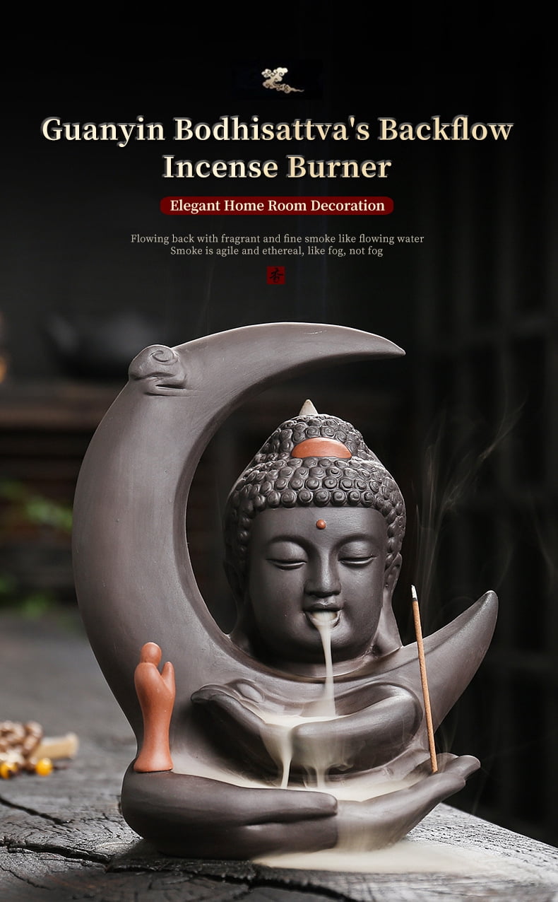 Buddha Incense Burner Backflow - Zen Ceramic Cone Incense Waterfall Burner, Moon Smoke Fountain Incense Holder with Cones & Tweezer & Fire Mat for Aromatherapy/Yoga/Home/Room/Office Deco