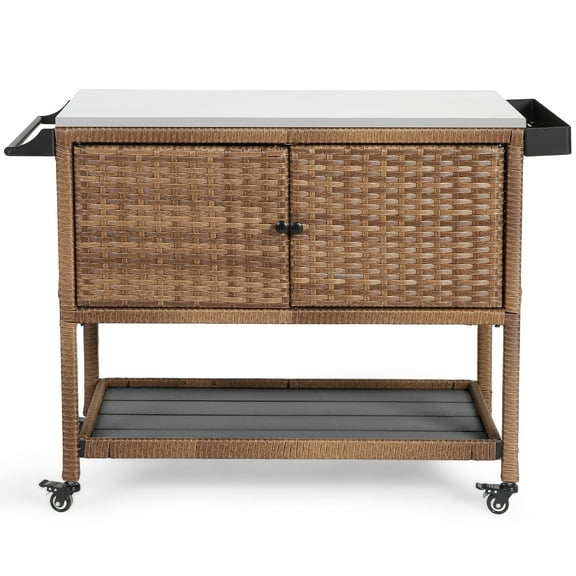 Homefun Outdoor Bar Cart with Wheels - Wicker Rolling Beverage Cart with Tempered Glass Top, Mobile Patio Furniture for Wine Serving, Backyard/Poolside/Garden Party, All-Weather Rattan Drink Cart