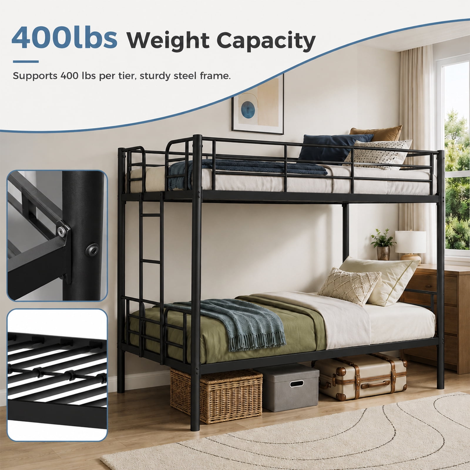 Alvantor Metal Bunk Bed Twin Over Twin with Ladder and Guardrail, 400lb Heavy Frame, Easy Assembly, Steel Bed for School, Bedroom