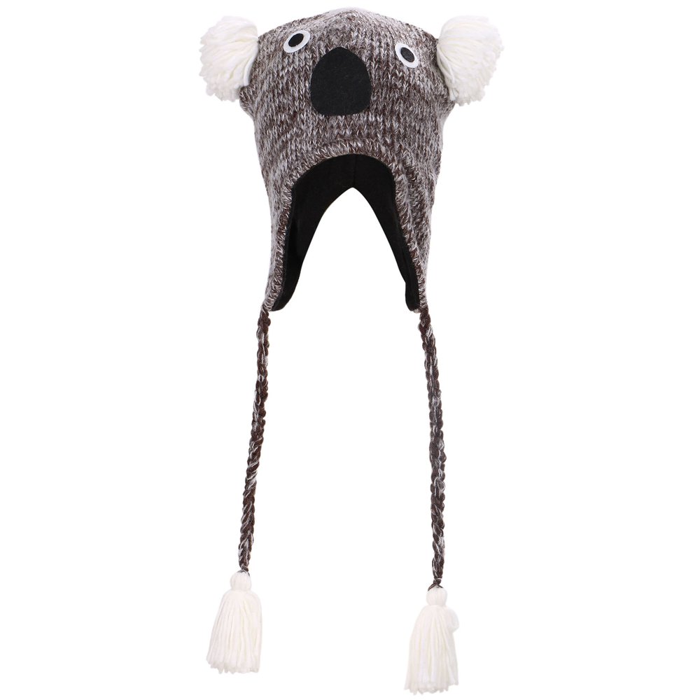 Adult Animal Hat Koala Knit Beanie w/ Earflaps and Fleece Lining